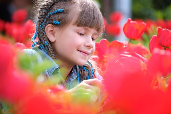 Happy Child Girl Enjoying Sweet Smell Red Tulip Flowers Summer Royalty Free Stock Photos