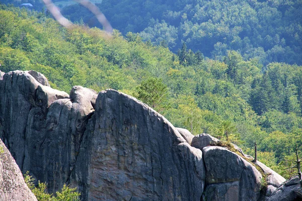 Huge Rocky Boulder Formations High Mountains Growing Trees Summer Sunny — Foto de Stock