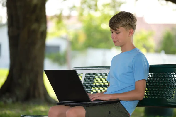 Teenager School Boy Typing Laptop Computer Sitting Bench Outdoors Summer —  Fotos de Stock