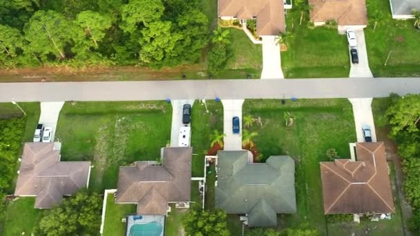 フロリダの緑のヤシの木の間の民家と小さな町アメリカ郊外の風景の空中ビュー静かな住宅地 — ストック動画