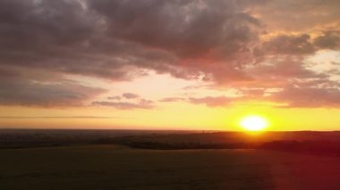 Canlı bir yaz akşamında olgun buğdayla ekili sarı tarım arazisinin havadan manzarası..