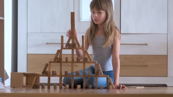 Creative Child Girl Playing Jenga Game Stacking Wooden Toy Blocks — Vídeos de Stock