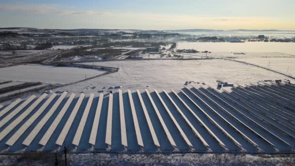 Aerial View Sustainable Electrical Power Plant Solar Photovoltaic Panels Covered — Vídeo de stock