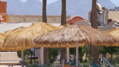 Tropik tatil beldesindeki deniz kenarındaki saman gölgesi şemsiyelerinin ayrıntıları. Yaz tatilleri ve kaçış konsepti.