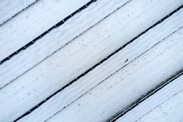 Aerial View Snow Covered Sustainable Electric Power Plant Rows Solar — Stock Photo, Image