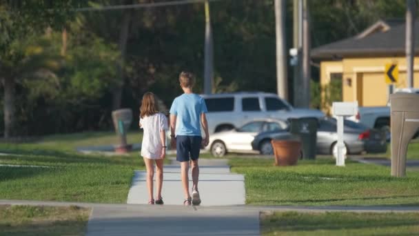 Vista Trasera Dos Jóvenes Adolescentes Niña Niño Hermano Hermana Caminando — Vídeos de Stock