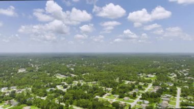 Florida 'nın sakin kırsal kesimindeki yeşil palmiye ağaçları arasındaki banliyö özel evlerinin hava manzarası.