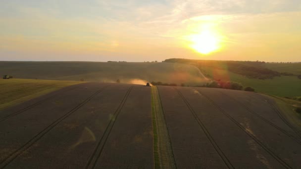 Vista Aérea Cosechadora Combinada Trabajando Durante Temporada Cosecha Gran Campo — Vídeos de Stock