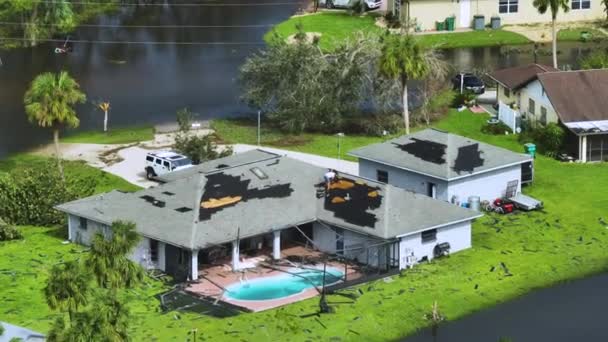 Hurricane Ian Destroyed House Roof Florida Residential Area Natural Disaster — Stock Video