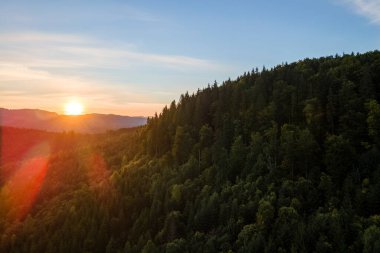 Parlak sisli sabahın hava manzarası sonbahar gündoğumunda dağlık orman ağaçlarıyla birlikte karanlık tepelerin üzerinde. Şafak vakti vahşi ormanın güzel manzarası.