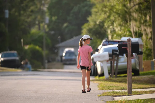 Rear View Confident Young Child Girl Walking Sunny Alley Active — Stockfoto