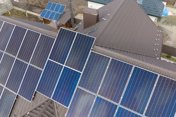 Aerial View Building Roof Rows Blue Solar Photovoltaic Panels Producing — Stock Photo, Image
