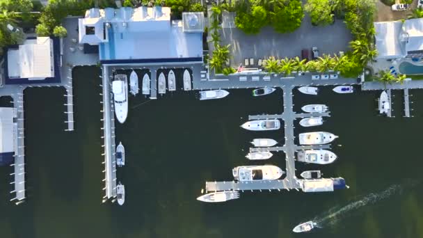 Luftaufnahme Eines Kleinen Hafens Mit Motorbooten Und Yachten Die Anlegestellen — Stockvideo
