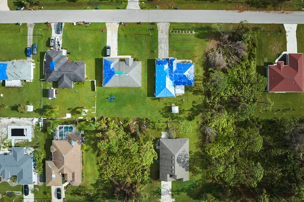 Aerial View Damaged Hurricane Ian House Roofs Covered Blue Protective — Stock Photo, Image