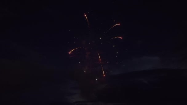 Aerial View Bright Fireworks Exploding Colorful Lights Sea Shore Independence — Stockvideo