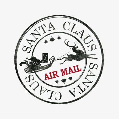 Noel Baba 'nın silueti ile izole edilmiş bir Noel pulu Ren geyiğiyle kızağa biniyor, hava postası