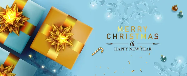 Χριστουγεννιάτικη Μπλε Κάρτα Διακοπών Σύνθεση Κουτιά Δώρων Χρυσό Φιόγκο Φλεγόμενη — Διανυσματικό Αρχείο