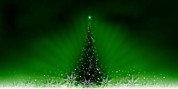 Composición Verde Navidad Con Hermoso Árbol Navidad Bolas Brillantes Copos — Vector de stock