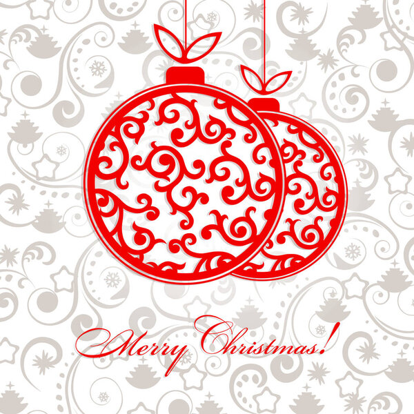 Red ball with a pattern on a pendant, Christmas gorgeous card with abstract festive elements.