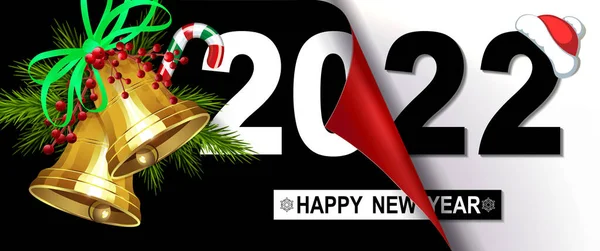 Feliz Año Nuevo 2022 Campanas Oro Composición Navidad Con Hoja — Vector de stock