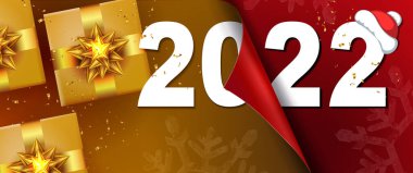 Mutlu yıllar 2022, yeni yıl kompozisyonu kutular ve altın yaylar, katlanmış çarşaf, altın süslemeler.