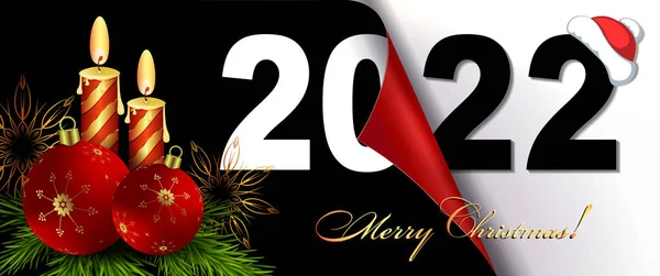 Mutlu yıllar 2022, köknar dalı ve yanan mumlarla Noel kompozisyonu.