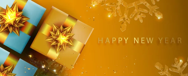 Christmas Brown Composition Rectangular Golden Frame Gift Boxes Bow — Stock Vector