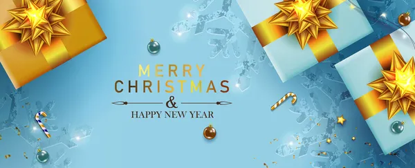 Χριστουγεννιάτικη μπλε κάρτα διακοπών, σύνθεση με κουτιά δώρων με χρυσό γυαλιστερό φιόγκο, χρυσό στολίδι. — Διανυσματικό Αρχείο