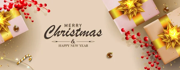 Χριστουγεννιάτικη Μπεζ Κάρτα Κουτιά Δώρων Χρυσό Γυαλιστερό Φιόγκο Κλαδιά Κόκκινα — Διανυσματικό Αρχείο