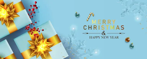 Χριστουγεννιάτικη Μπλε Κάρτα Διακοπών Σύνθεση Κουτιά Δώρων Χρυσό Φιόγκο Κόκκινο — Διανυσματικό Αρχείο