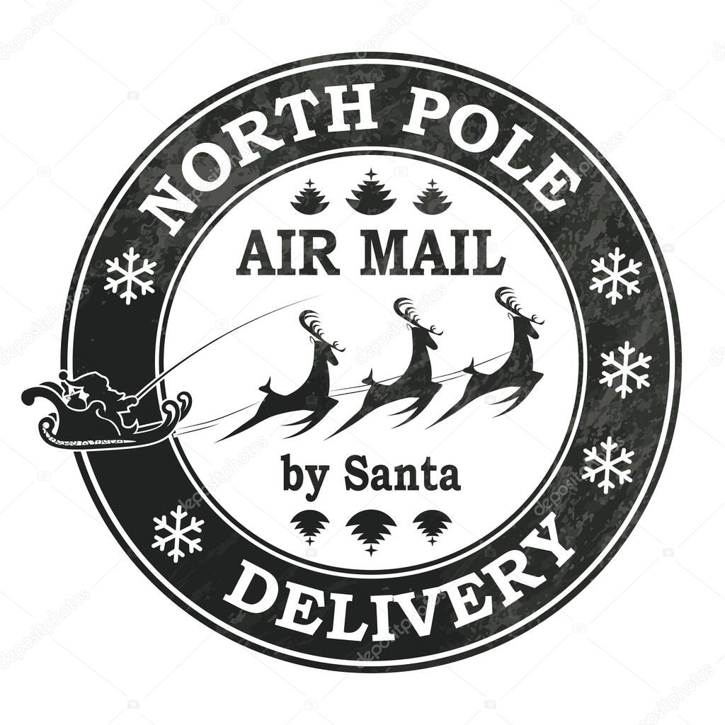 Christmas print, post office Santa Claus rides reindeer sleigh.