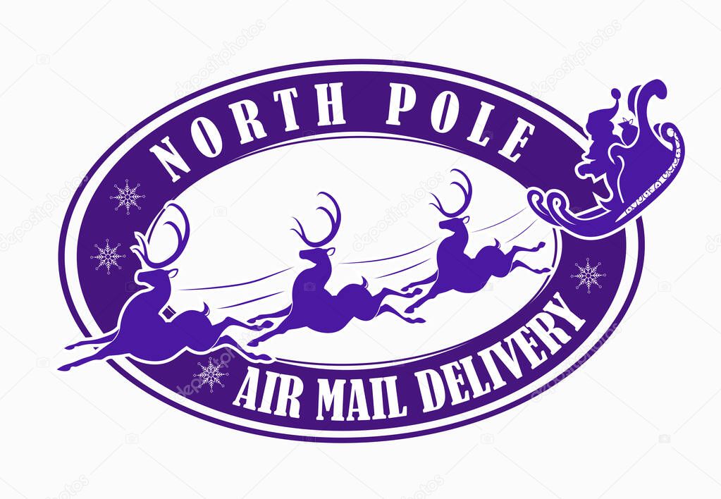 Isolated Christmas oval stamp of purple color, silhouette of a merry Santa Claus racing on a reindeer.