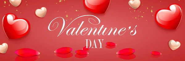 Dia Dos Namorados Composição Vermelha Com Conjunto Corações Pétalas Rosa —  Vetores de Stock