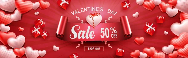 Alla hjärtans dag försäljning affisch, kaotiskt ritade silhuetter av hjärtan och pärm lådor med en båge — Stock vektor