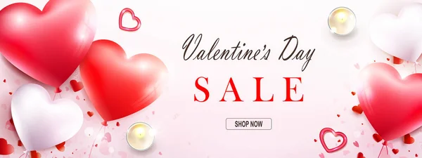 Walentynki Wyprzedaż Plakat Kompozycja Czerwono Białe Balony Kształcie Serca Świece — Wektor stockowy