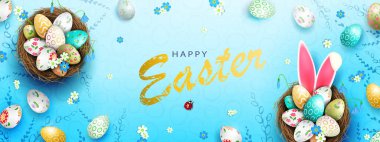 Mavi kompozisyon. Yuvalarda paskalya yumurtaları, tavşan kulakları..