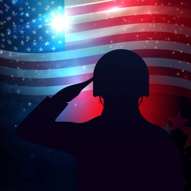 Bir asker silueti, eğri büğrü bir Amerikan bayrağı, parlak ışık huzmeleri.