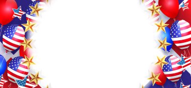 Yuvarlak çerçeveli resimler yıldızlar, balonlar, ABD Bağımsızlık Günü.