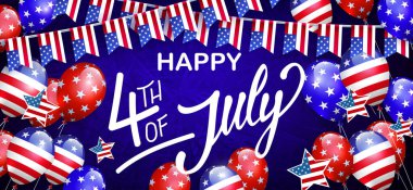 Mavi desenli arka planda Amerikan bayrağı olan balon afişi.