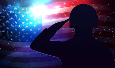 Bir askerin ana hatlarıyla kompozisyon, Amerika bayrağı soyut karanlık bir arkaplanda..