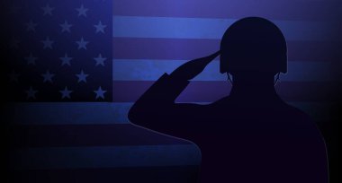 Amerikan bayrağının arka planında bir askerin ana hatlarıyla kompozisyon.