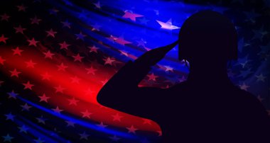 Asker silueti ile kompozisyon, koyu soyut arka planda ABD bayrağı.