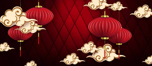 Vermelho Design Textural Escuro Nuvens Asiáticas Lanternas — Vetor de Stock