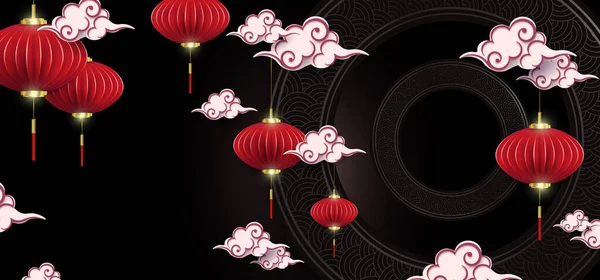 Lanternes Asiatiques Sur Papier Style Art Pendentifs Sur Fond Noir — Image vectorielle