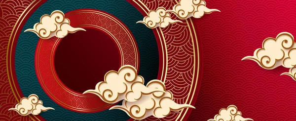 Red Design Frame Asian Pattern Abstract Clouds — Stock vektor