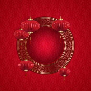 Yuvarlak çerçeveli kırmızı illüstrasyon, kağıt sanatı tarzında kolyeler..