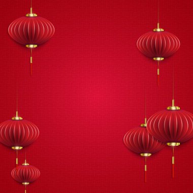 Kırmızı zemin üzerinde kağıt resim tarzında hava fenerleri ve bir desen..