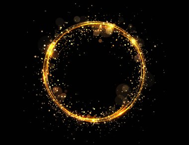 Round isolated gold color frame with small tinsel and glitter on black design.