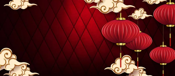 Red Dark Texture Design Clouds Hanging Lanterns — Image vectorielle