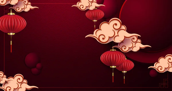 Red Composition Asian Lanterns Pendants Clouds Paper Art Style — Stockvektor